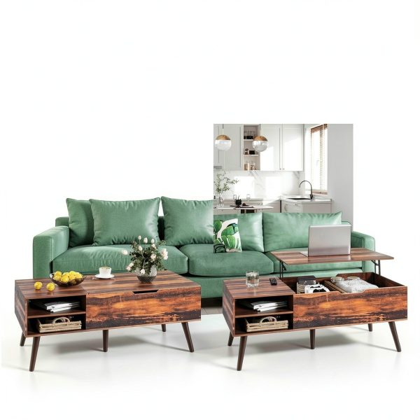 Mid Century Lift Top Coffee Table Retro Brown Modern Design-3