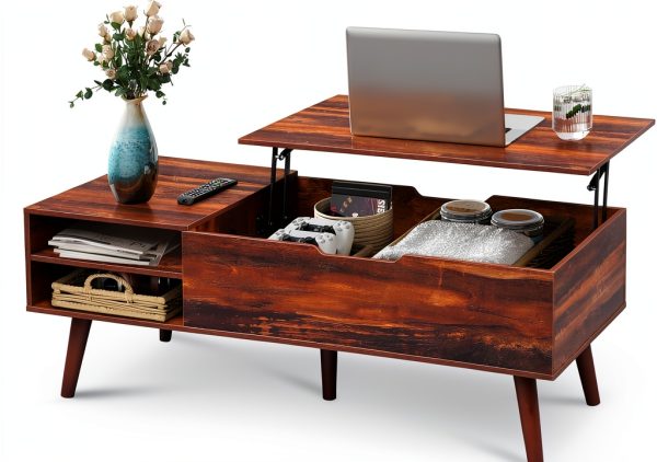 Mid Century Lift Top Coffee Table Retro Brown Modern Design-0