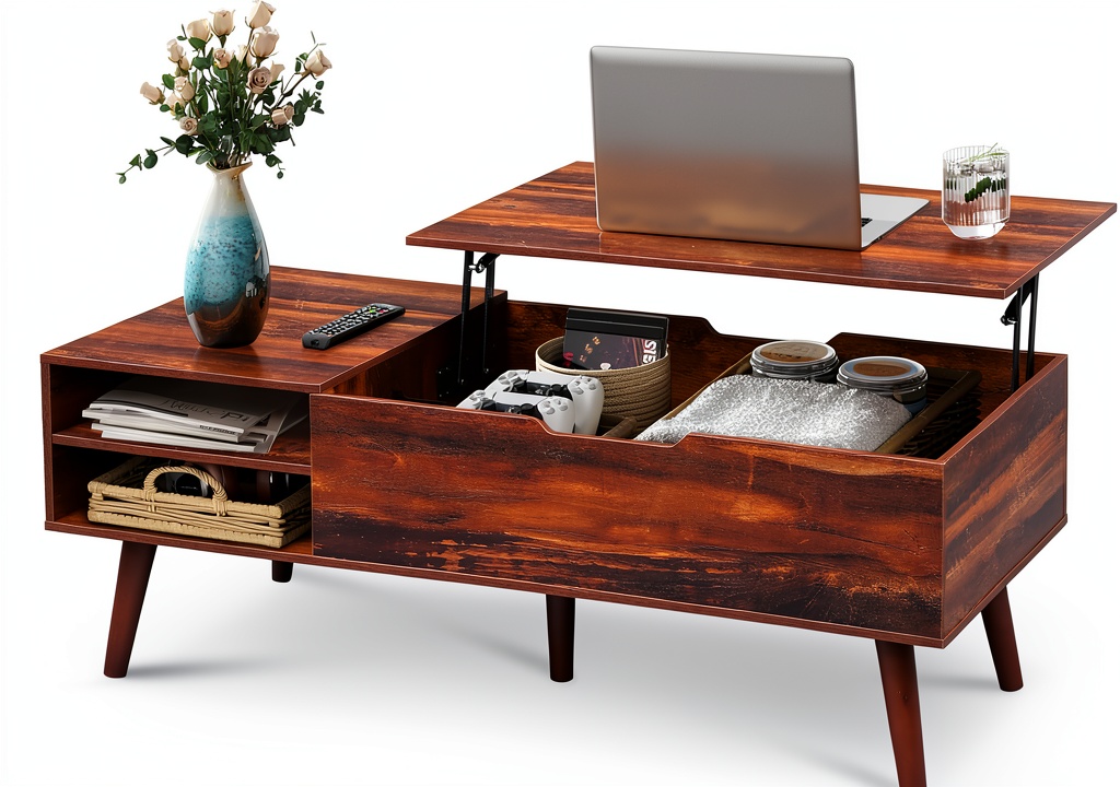 Mid-century lift top coffee table in retro brown finish with storage drawers