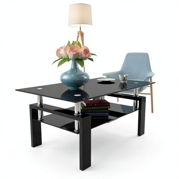 IANIYA Coffee Table Modern Design Metal Frame Tempered Glass-5