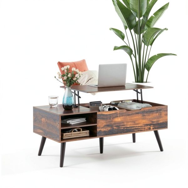 Mid Century Lift Top Coffee Table Retro Brown Modern Design-1