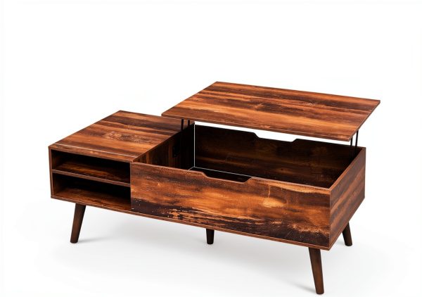 Mid Century Lift Top Coffee Table Retro Brown Modern Design-2
