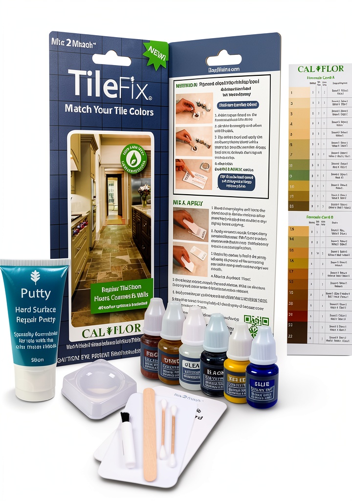 Close‑up of CalFlor Ceramic Tile Repair Kit FL49133 being mixed on a kitchen countertop