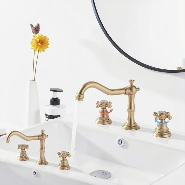 GGStudy 8 inch 2 Handles 3 Holes Widespread Bathroom Sink Faucet Antique Brass Bathroom Vanity Faucet Basin Mixer Tap Faucet Matching Metal Pop Up Drain with Overflow-2