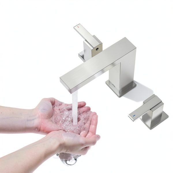 KENES Brushed Nickel Widespread Bathroom Faucet 2 Handle Bathroom Sink Faucet 3 Hole, 8-Inch 3 Pieces Vanity Faucet with Pop Up Drain & Supply Lines, KE-9050-P-3