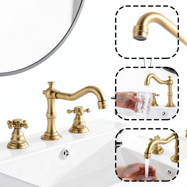 GGStudy 8 inch 2 Handles 3 Holes Widespread Bathroom Sink Faucet Antique Brass Bathroom Vanity Faucet Basin Mixer Tap Faucet Matching Metal Pop Up Drain with Overflow-3