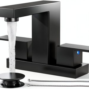 Cobbe Bathroom Faucet 3-Hole Matte Black 4"Centerset with Pop‑Up Drain-0