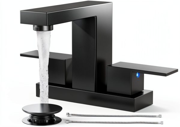 Cobbe Bathroom Faucet 3-Hole Matte Black 4"Centerset with Pop‑Up Drain-0