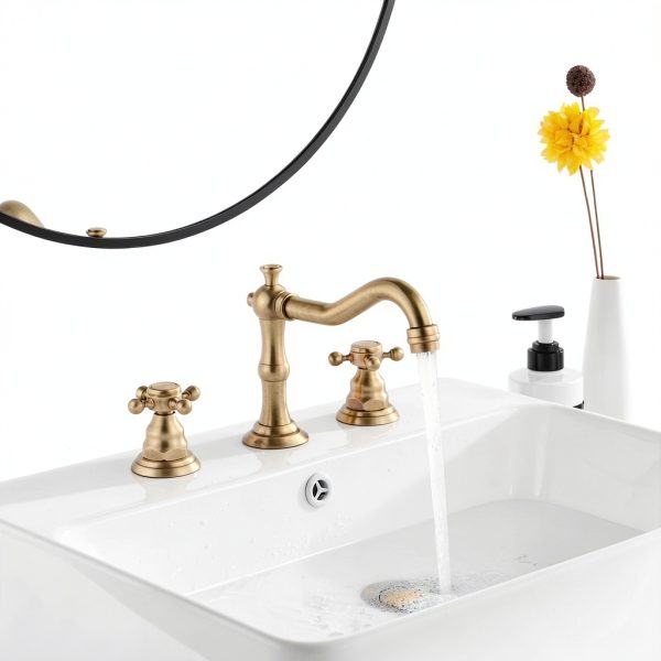 GGStudy 8 inch 2 Handles 3 Holes Widespread Bathroom Sink Faucet Antique Brass Bathroom Vanity Faucet Basin Mixer Tap Faucet Matching Metal Pop Up Drain with Overflow-5