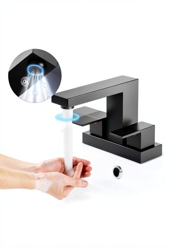 Cobbe Bathroom Faucet 3-Hole Matte Black 4"Centerset with Pop‑Up Drain-1