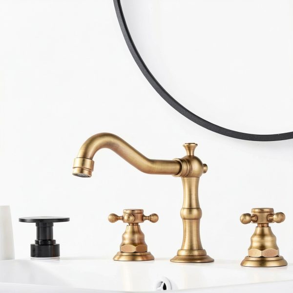 GGStudy 8 inch 2 Handles 3 Holes Widespread Bathroom Sink Faucet Antique Brass Bathroom Vanity Faucet Basin Mixer Tap Faucet Matching Metal Pop Up Drain with Overflow-4