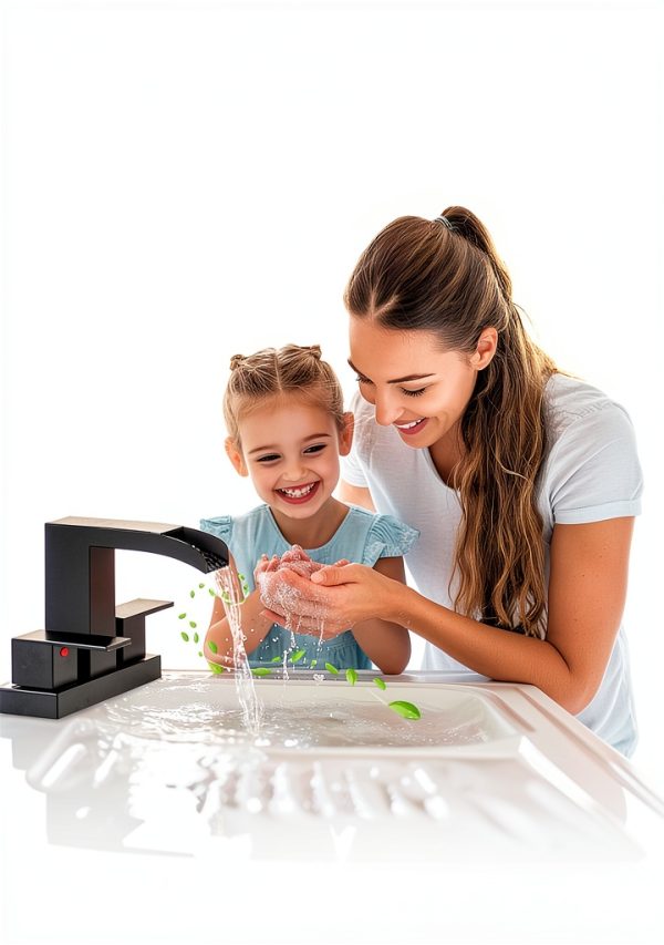 Cobbe Waterfall Bathroom Faucet 4" Centerset Black with Pop‑Up Drain-2