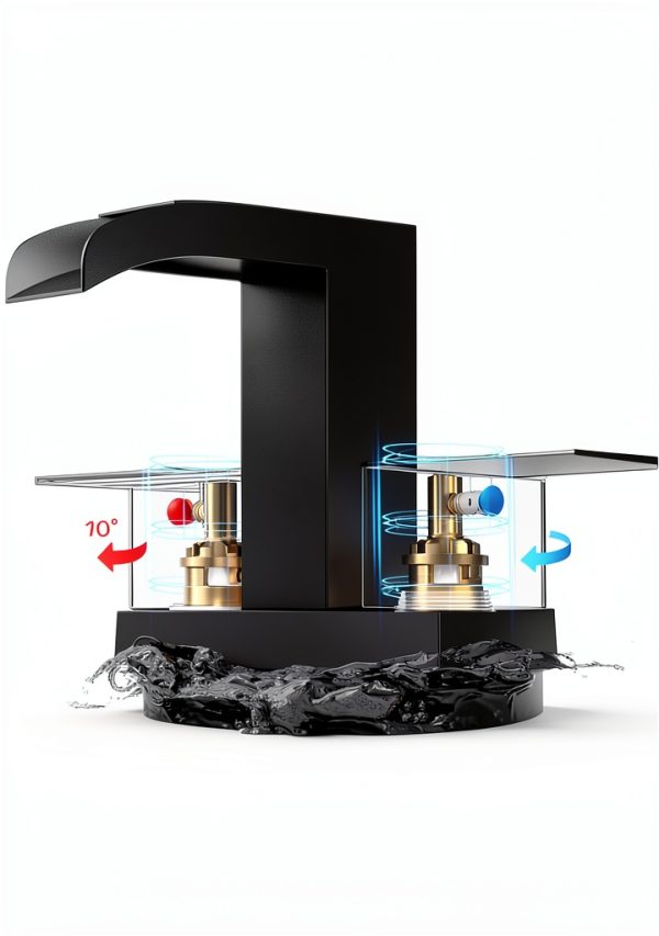 Cobbe Waterfall Bathroom Faucet 4" Centerset Black with Pop‑Up Drain-3