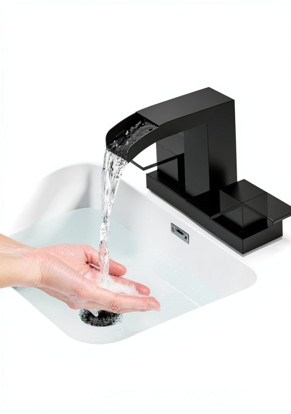 Cobbe Waterfall Bathroom Faucet 4" Centerset Black with Pop‑Up Drain-1